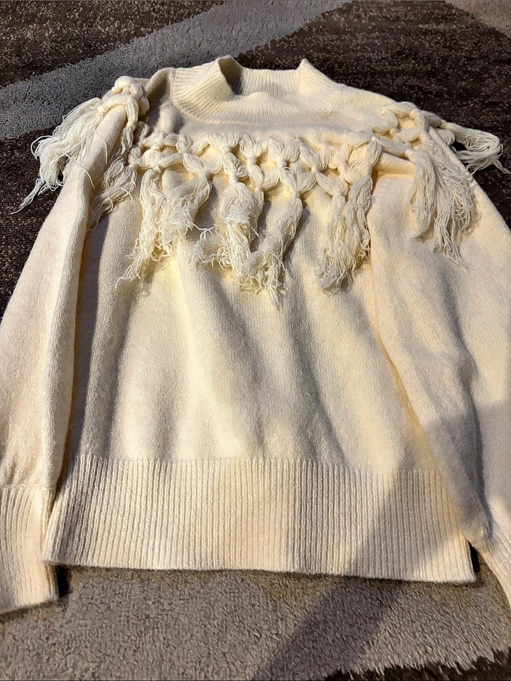 FABLE Cream Mock Neck Fringe Sweater in Cream Small